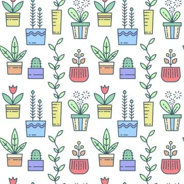 Line house plants pattern Stock Illustration