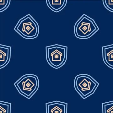 Line House with shield icon isolated seamless pattern on blue background Illustrazione stock