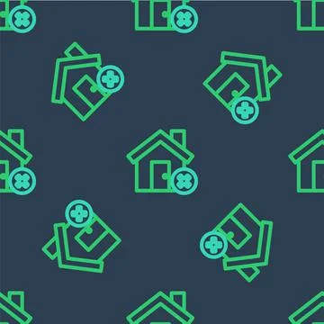 Line House with wrong mark icon isolated seamless pattern on blue background Stock Illustration