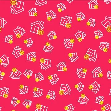 Line House with wrong mark icon isolated seamless pattern on red background Stock Illustration