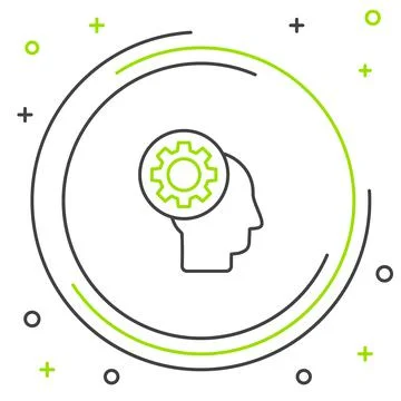 Line Human head with gear inside icon isolated on white background. Artificial Stock Illustration