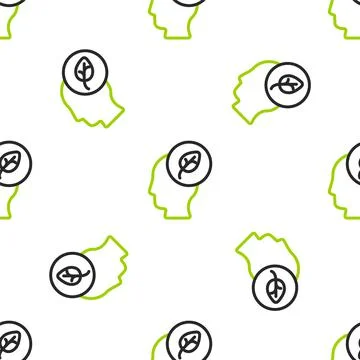 Line Human head with leaf inside icon isolated seamless pattern on white Stock Illustration
