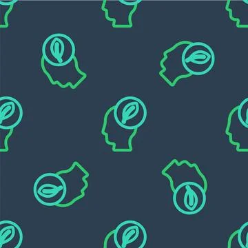 Line Human head with leaf inside icon isolated seamless pattern on blue bac.. Stock Illustration
