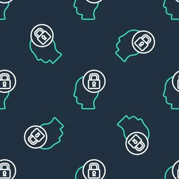 Line Human head with lock icon isolated seamless pattern on black background Illustrazione stock