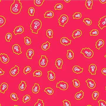 Line Human head with question mark icon isolated seamless pattern on red Stock Illustration