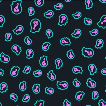 Line Human head with question mark icon isolated seamless pattern on black Stock Illustration