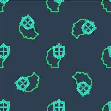Line Human head with shield icon isolated seamless pattern on blue background Stock Illustration