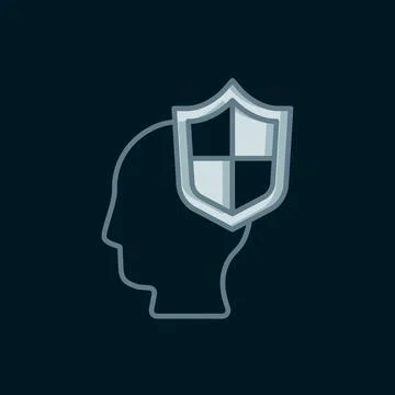 Line Human head with shield icon isolated on black background. Flat filled .. Stock Illustration