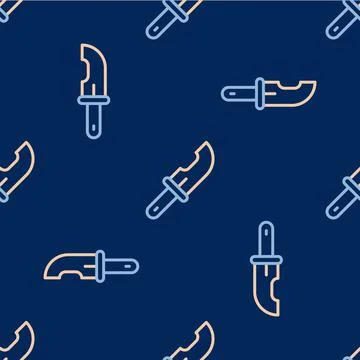 Line Hunter knife icon isolated seamless pattern on blue background. Army knife Stock Illustration