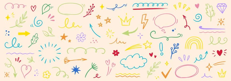 Line icon cute element set. Doodle line color icon decorative arrow, cloud Stock Illustration