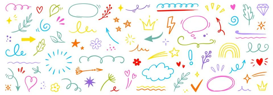 Line icon cute element set. Doodle line color icon decorative arrow, cloud Stock Illustration