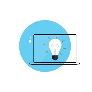 Line Icon with Flat Graphics Element of Idea Bulb and Laptop Co Stock Illustration