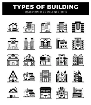 Line icon set of building types in a grid formation. Ilustración de archivo