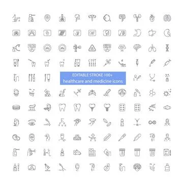 Line icon set with fully editable stroke not expanded. Healthcare and medicin Stock Illustration