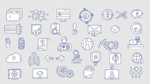 Line icons on the alpha channel on the theme of Cryptocurrency and Blockchain. Stock Footage 221295255