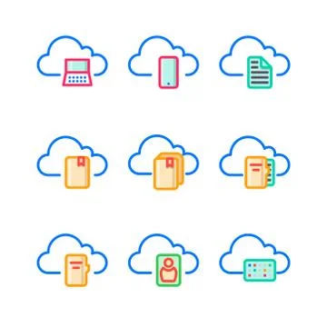 Line icons for cloud services. It includes computing, mobile, document, book, no Stock Illustration