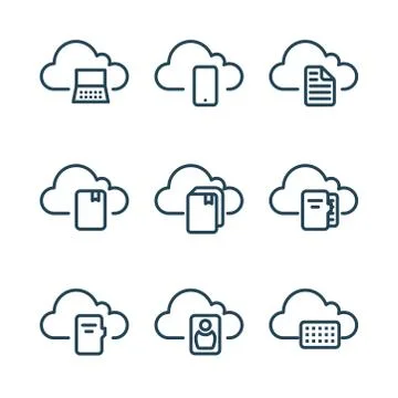 Line icons for cloud services. It includes computing, mobile, document, book, no Stock Illustration