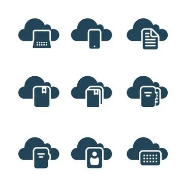 Line icons for cloud services. It includes computing, mobile, document, book, no Stock Illustration