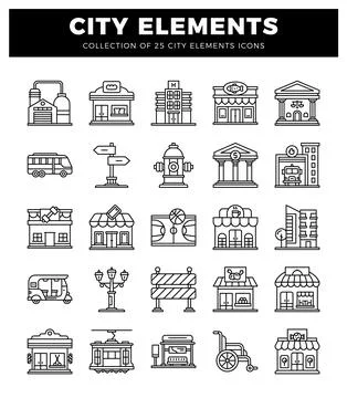 Line icons collection of city elements with buildings and transportation Illustrazione stock