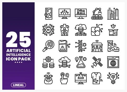 Line icons representing artificial intelligence concepts on a white backgroun Illustrazione stock