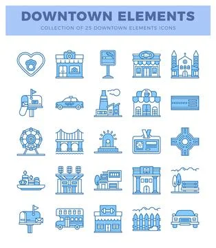 Line icons representing downtown elements. presented on a clean white backg.. Stock Illustration