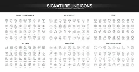 Line Icons Set Digital Tech Gadgets Gears Stock Illustration