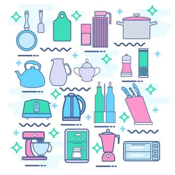 Line icons set with flat design elements of kitchen appliances Stock Illustration
