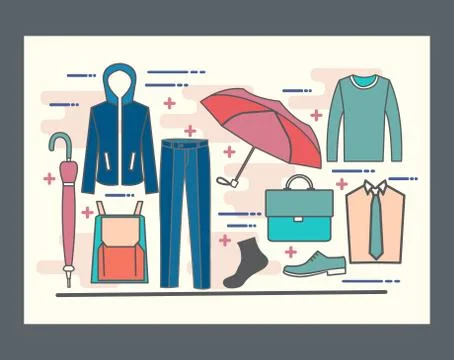 Line icons set with flat design elements of man wardrobe. Stock Illustration