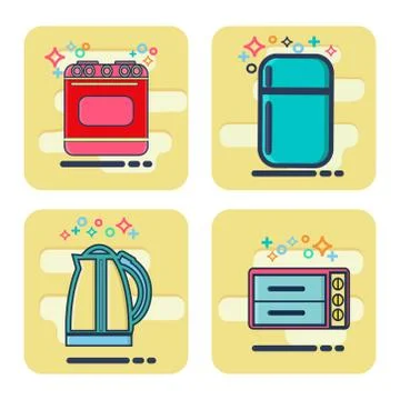 Line icons set with flat design elements Kitchen appliances Stock Illustration
