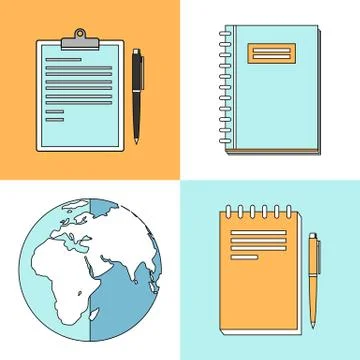 Line icons set with flat design elements of e-learning books for education, b Illustrazione stock