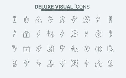 Line icons set with lightning bolt, electric energy and power, stress and Illustrazione stock
