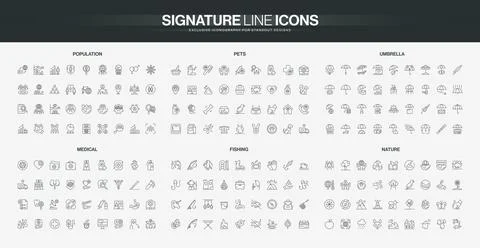 Line Icons Set Population Pets Umbrella Medical Stock Illustration