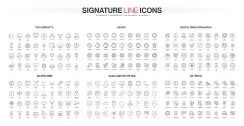 Line Icons Set Tech Gadgets Gears UI Stock Illustration