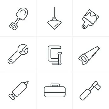 Line Icons Style Basic - Tools and Construction icons Stock Illustration