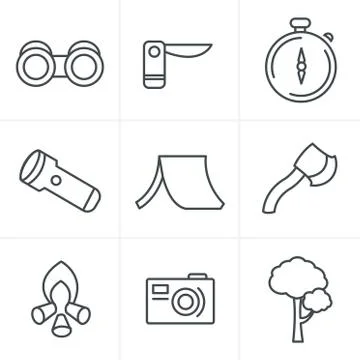 Line Icons Style vector black camping theme set on gray Stock Illustration