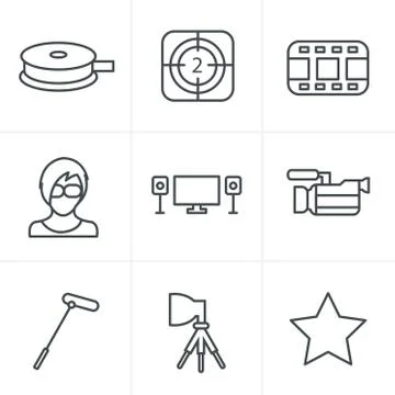 Line Icons Style vector black movie icon set on gray Stock Illustration