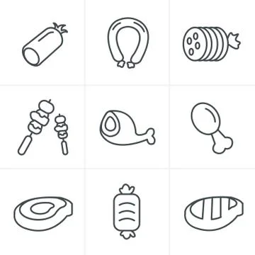 Line Icons Style vector black meat and sausage icon set on white Stock Illustration