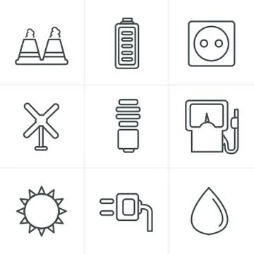 Line Icons Style  vector black eco energy icons set on gray Stock Illustration