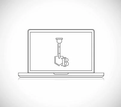Line illustration, Bitcoins stack and miner's equipment on a laptop. Stock Illustration