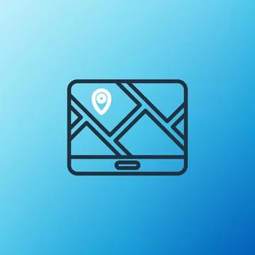 Line Infographic of city map navigation icon isolated on blue background. Mobile Illustrazione stock