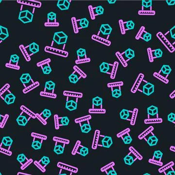 Line Isometric cube icon isolated seamless pattern on black background. Geome Stock Illustration