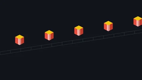 A line of isometric yellow and orange gift boxes on a dark background Stockbeeldmateriaal 338310603