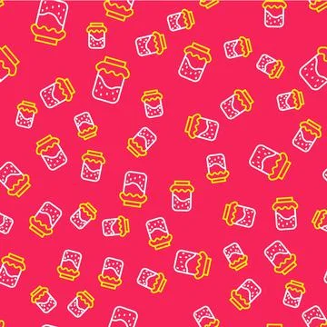 Line Jam jar icon isolated seamless pattern on red background. Vector Stock Illustration
