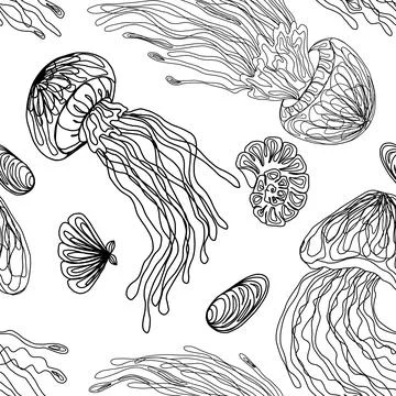 Line of jellyfish and shells. Vector stylish monochrome pattern seamless Illustrazione stock