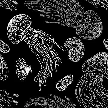 Line of jellyfish and shells. Vector stylish monochrome pattern seamless 스톡 일러스트