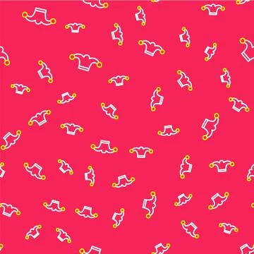 Line Jester hat with bells isolated seamless pattern on red background. Clown Stock Illustration