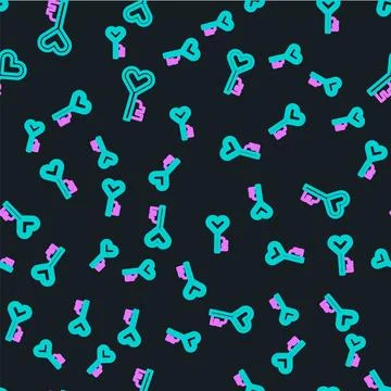Line Key in heart shape icon isolated seamless pattern on black background... Illustrazione stock