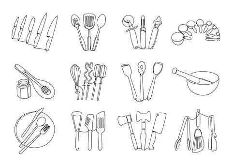 Sketch kitchen tools. Cooking utensils hand drawn kitchenware