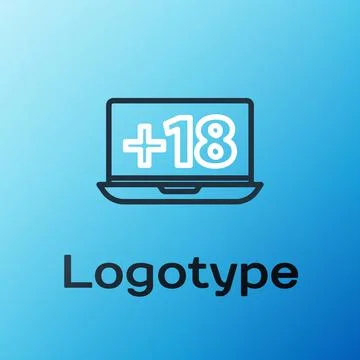 Line Laptop with 18 plus content icon isolated on blue background. Age Stock-Illustration