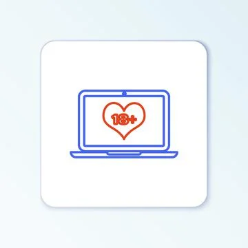 Line Laptop computer with 18 plus content heart icon isolated on white Illustrazione stock